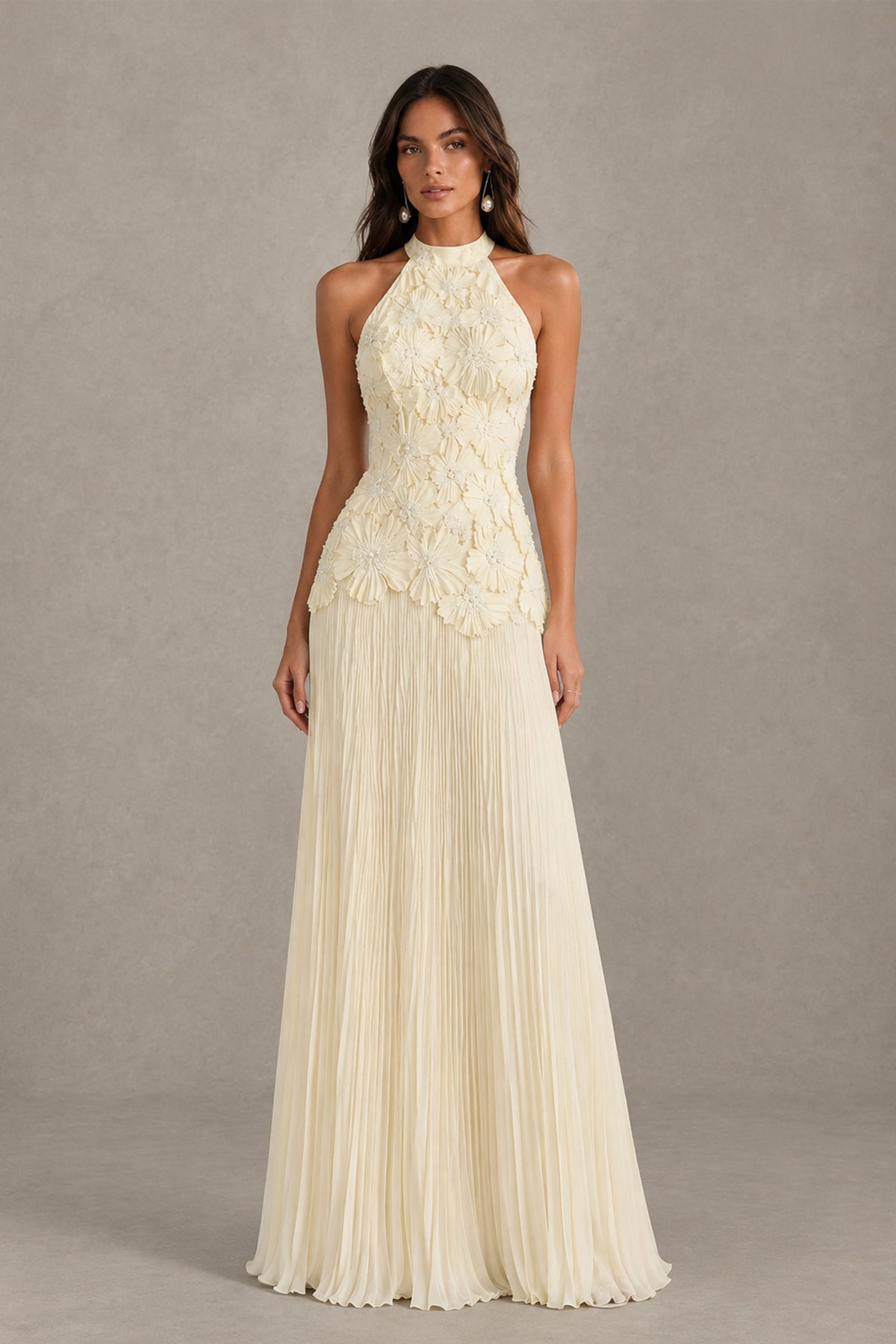 BOLODOO Light Champagne 3D Floral Applique Halter Neck Pleated Chiffon Backless Maxi Dress - Light Champagne - Light Champagne (1)