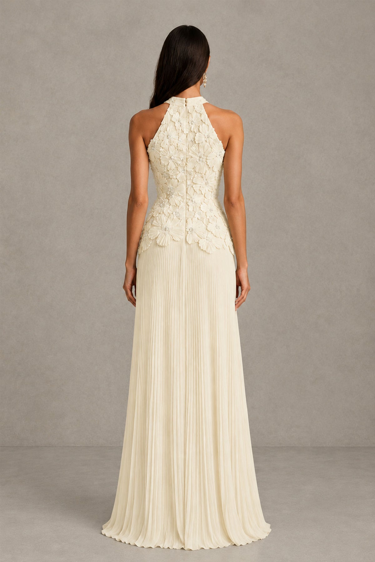 BOLODOO Light Champagne 3D Floral Applique Halter Neck Pleated Chiffon Backless Maxi Dress - Light Champagne - Light Champagne (2)
