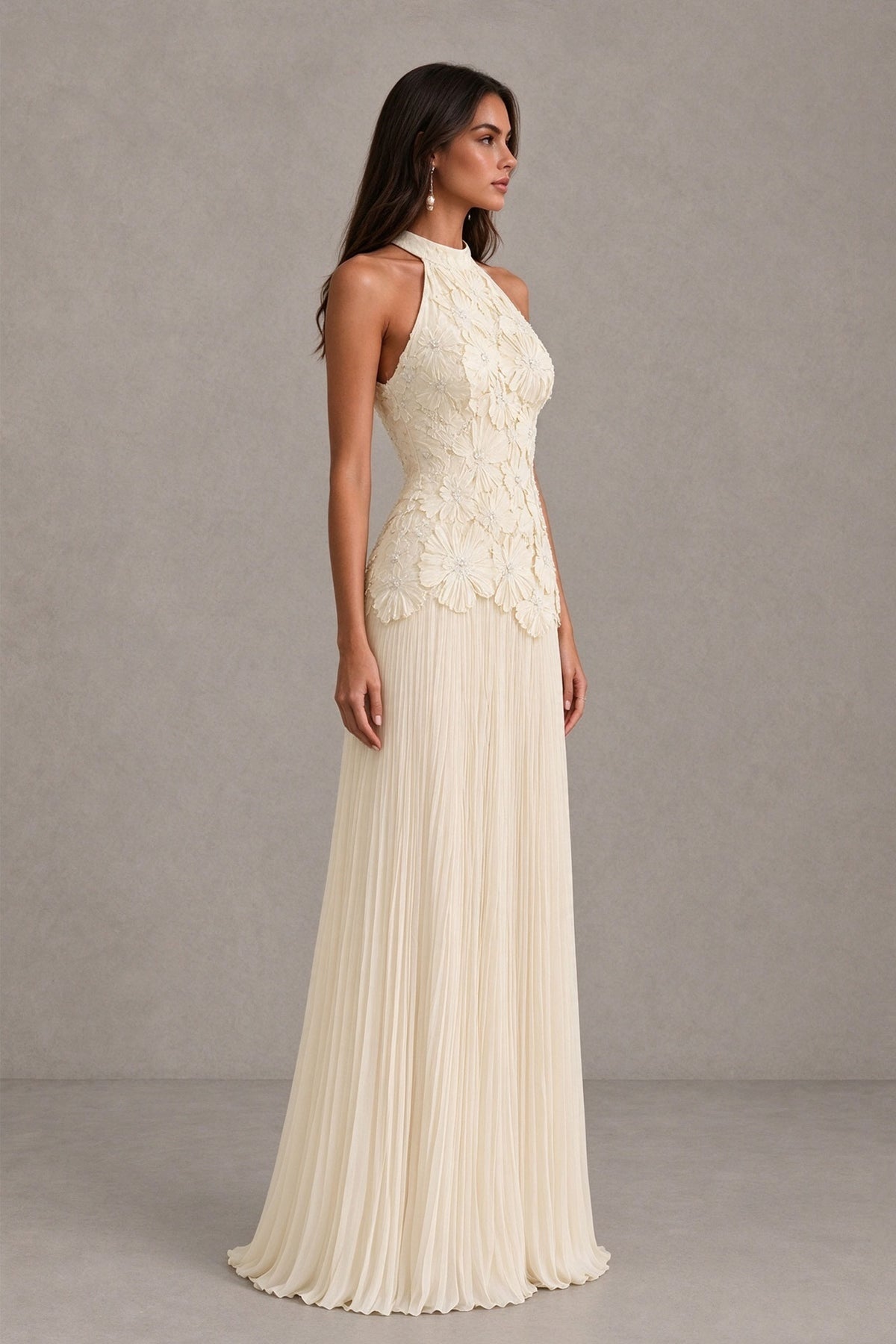 BOLODOO Light Champagne 3D Floral Applique Halter Neck Pleated Chiffon Backless Maxi Dress - Light Champagne - Light Champagne (3)