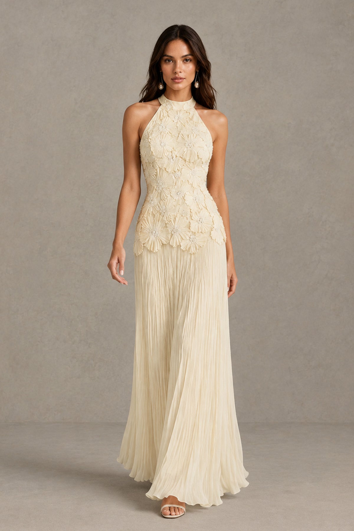 BOLODOO Light Champagne 3D Floral Applique Halter Neck Pleated Chiffon Backless Maxi Dress - Light Champagne - Light Champagne (4)