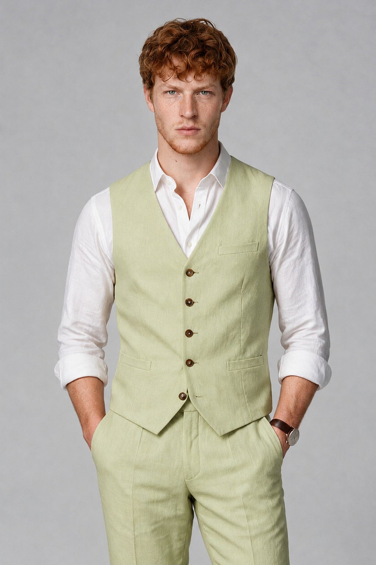 Bolodoo Men's Light Olive 2-Piece Vest and Pants Set with V-Neck Waistcoat - Light Olive - Light Olive_1