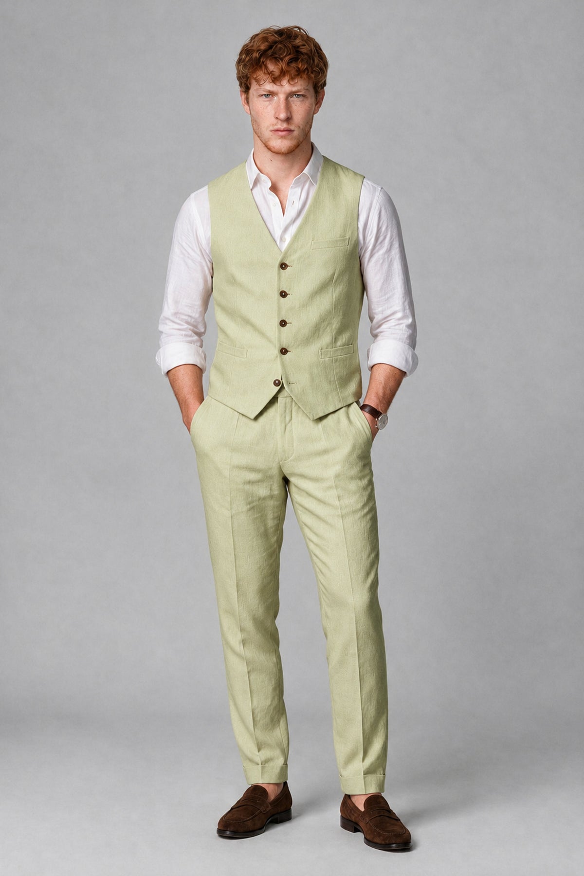 Bolodoo Men's Light Olive 2-Piece Vest and Pants Set with V-Neck Waistcoat - Light Olive - Light Olive_2