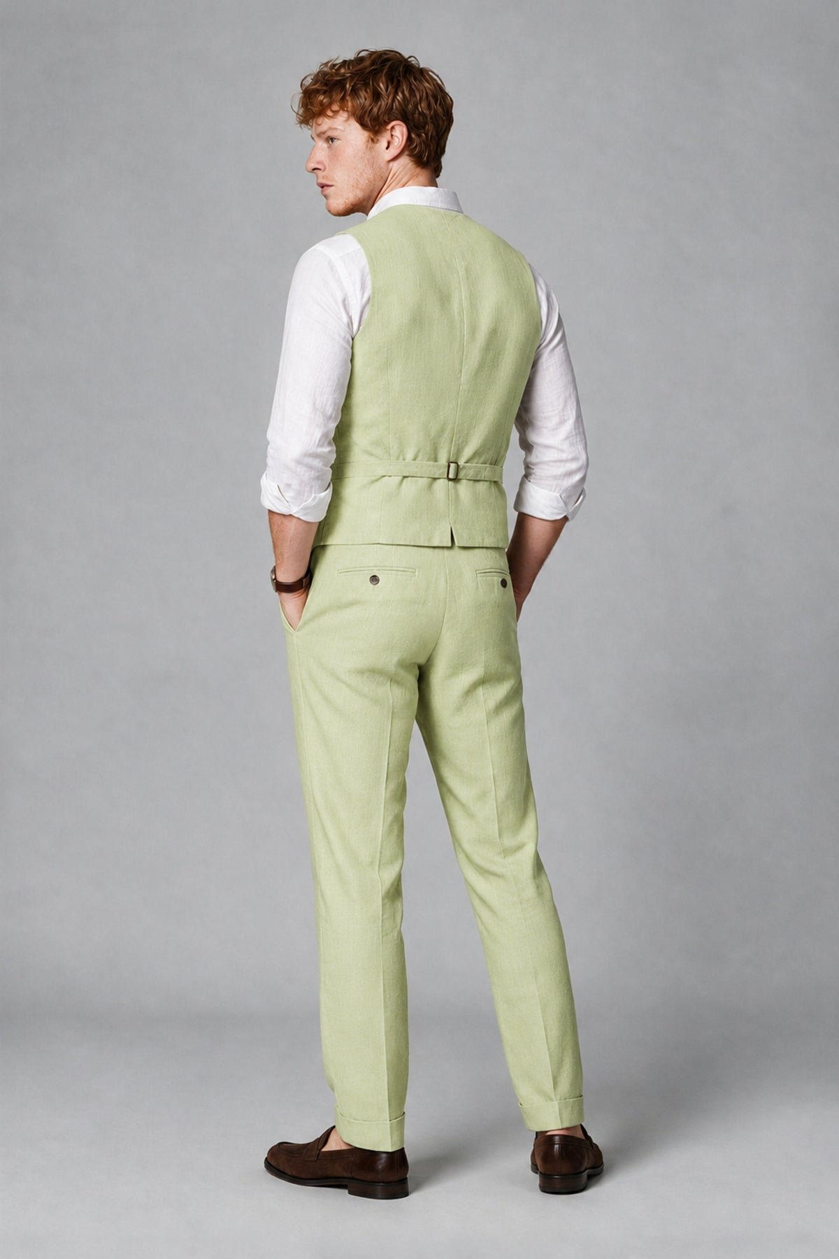 Bolodoo Men's Light Olive 2-Piece Vest and Pants Set with V-Neck Waistcoat - Light Olive - Light Olive_3