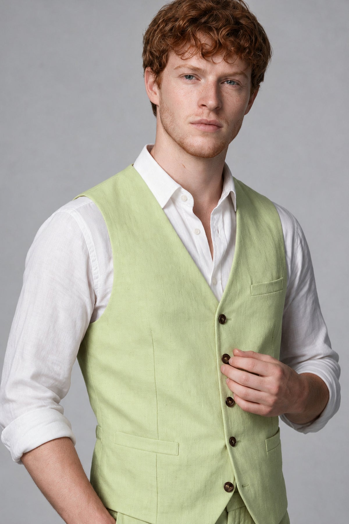 Bolodoo Men's Light Olive 2-Piece Vest and Pants Set with V-Neck Waistcoat - Light Olive - Light Olive_4