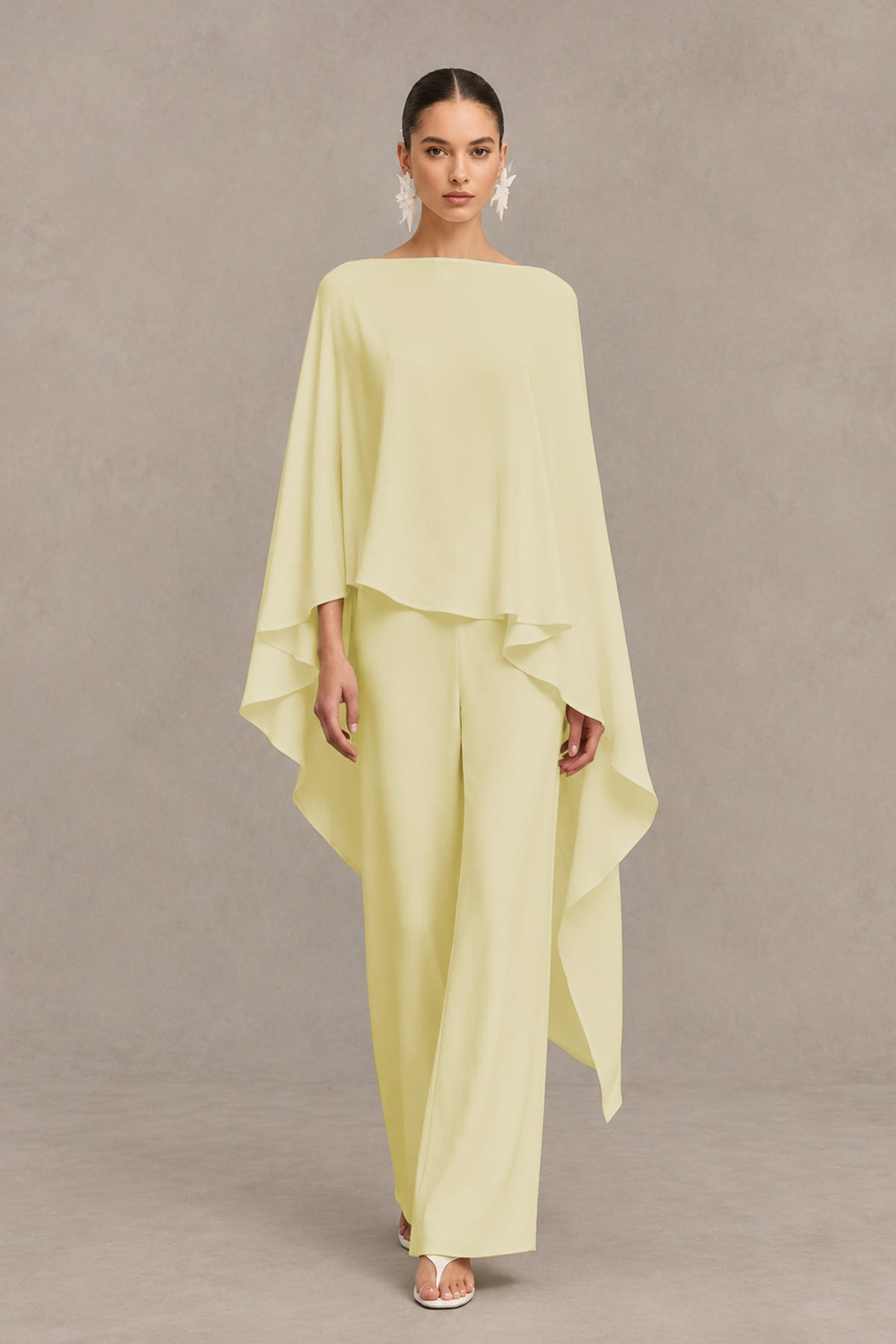 BOLODOO Light Yellow Cape Sleeve Wide-Leg Formal Pantsuit - Light Yellow - Light Yellow_01