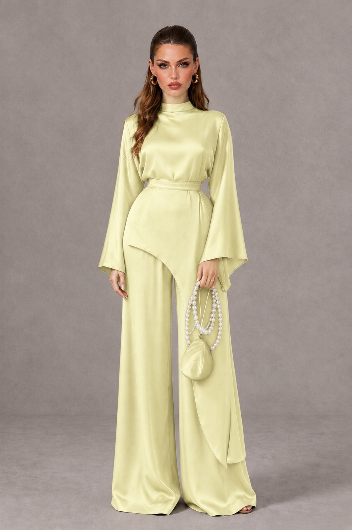 BOLODOO Light Yellow Satin-Look Long Sleeve Wide-Leg Jumpsuit - Light Yellow - Light Yellow_01