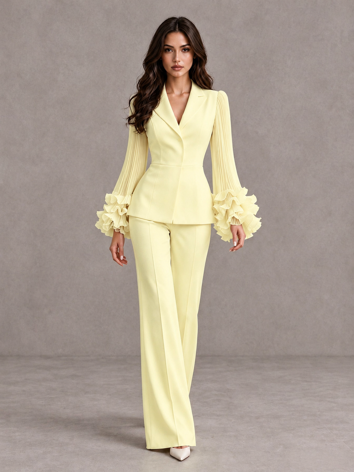 BOLODOO Light Yellow Mother of the Bride Pant Suit – Pleated Long Sleeve Ruffle Cuff Wide Leg Trouser Suit - Light Yellow - Light Yellow_01