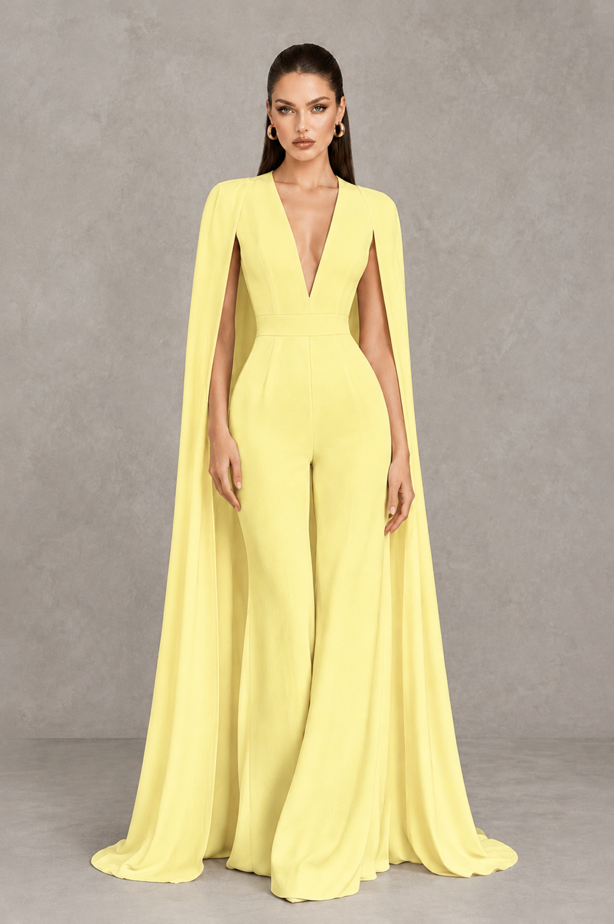 BOLODOO Light Yellow Deep V-Neck Cape Sleeve Bridal Jumpsuit - Light Yellow - Light Yellow_01