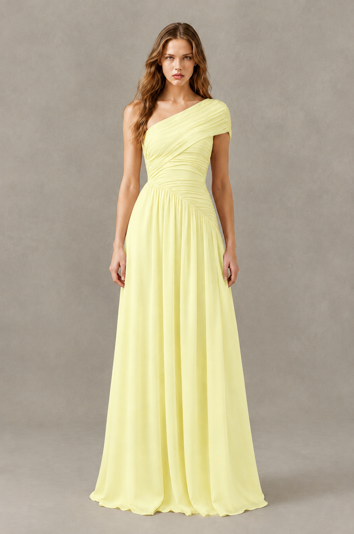 BOLODOO Light Yellow One-Shoulder Ruched Floor-Length Bridesmaid Dress - Light Yellow - Light Yellow_01