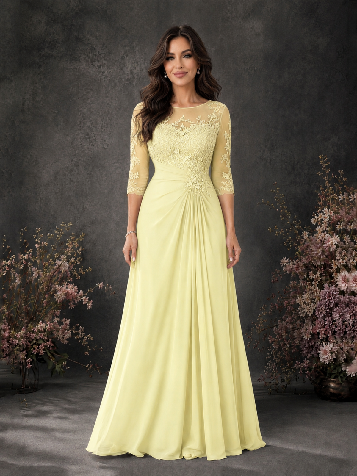 BOLODOO Light Yellow Chiffon Lace Illusion Neckline 3/4 Sleeve Floor Length Formal Gown - Light Yellow - Light Yellow_01