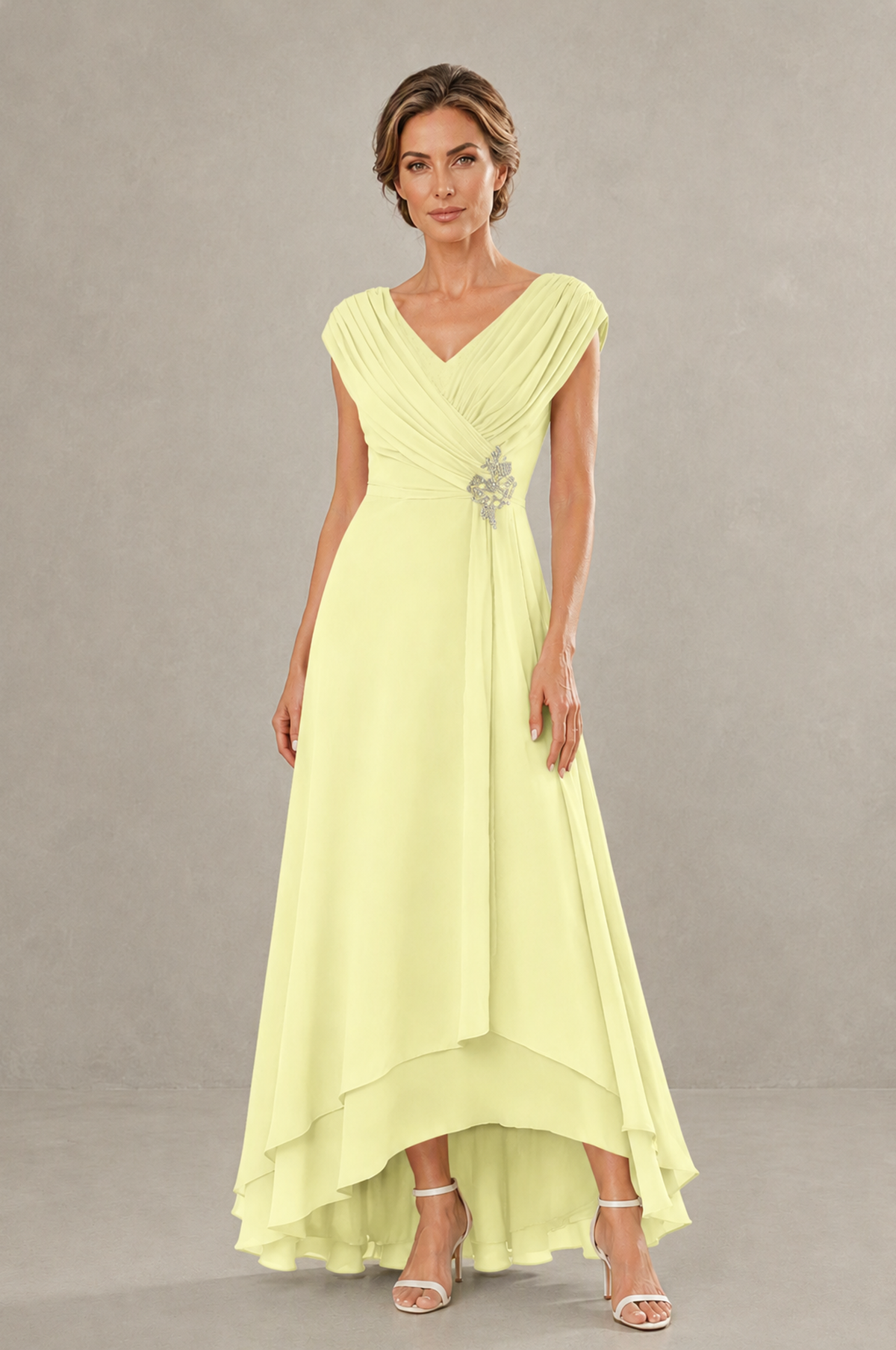 BOLODOO Light Yellow V-Neck High-Low Mother of the Bride Dress - Light Yellow - Light Yellow_01