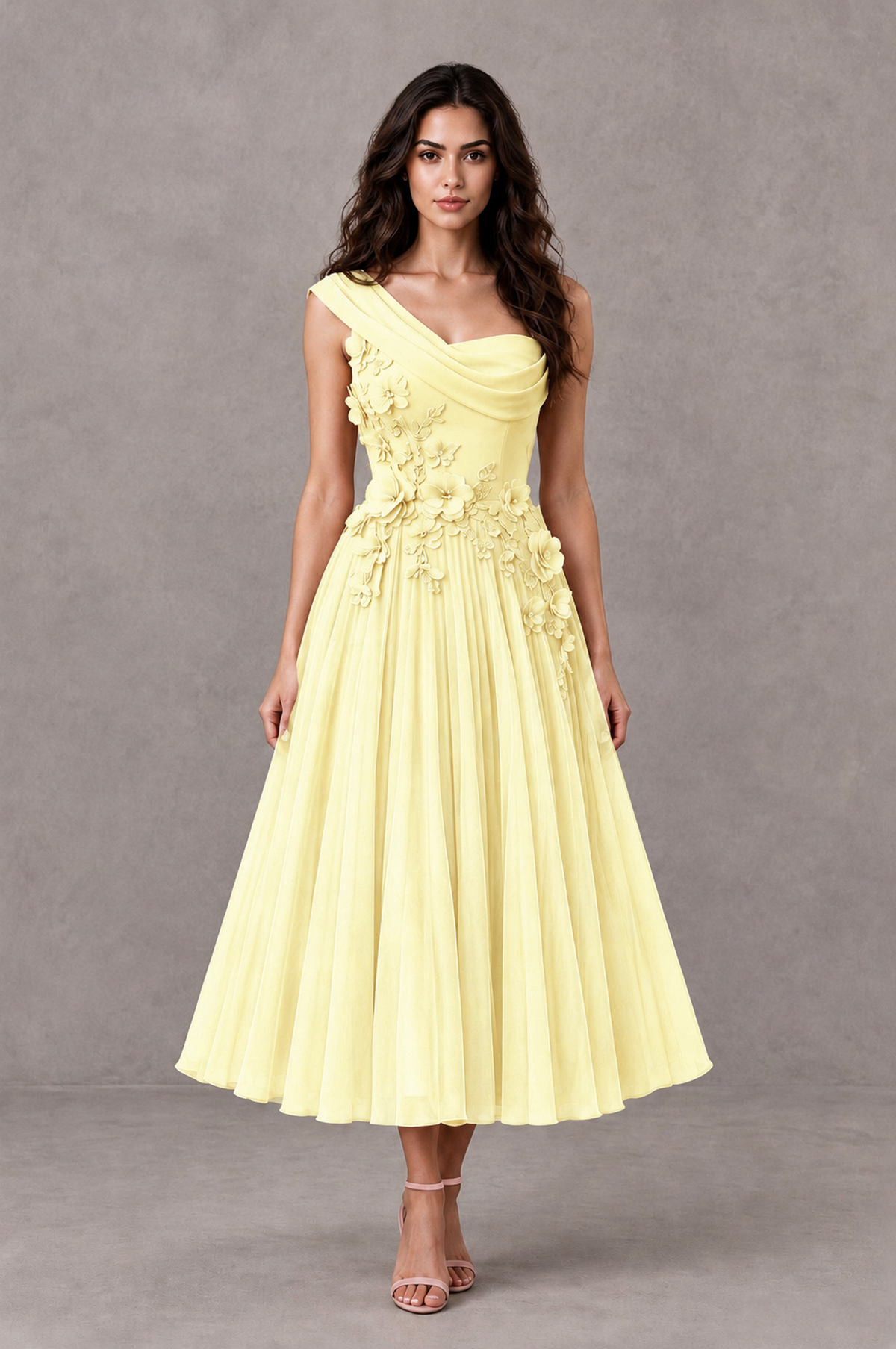 BOLODOO Light Yellow One-Shoulder Floral Tulle Tea-Length Dress - Light Yellow - Light Yellow_01
