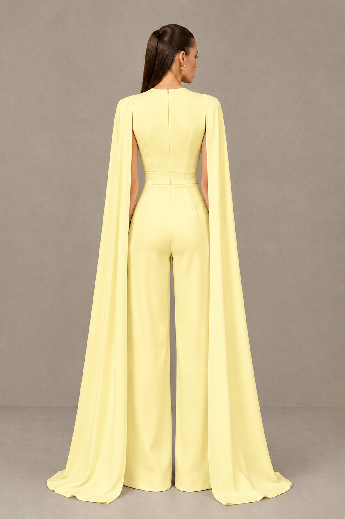 BOLODOO Light Yellow Deep V-Neck Cape Sleeve Bridal Jumpsuit - Light Yellow - Light Yellow_02