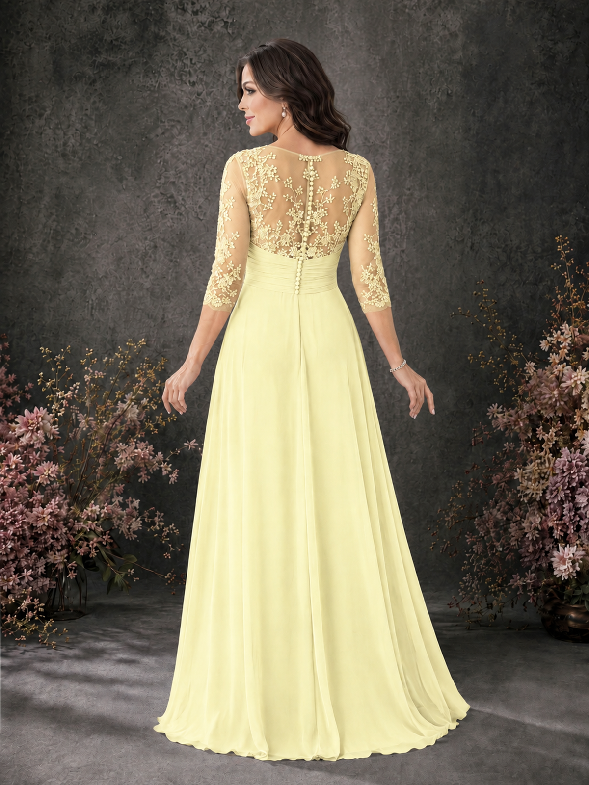 BOLODOO Light Yellow Chiffon Lace Illusion Neckline 3/4 Sleeve Floor Length Formal Gown - Light Yellow - Light Yellow_02