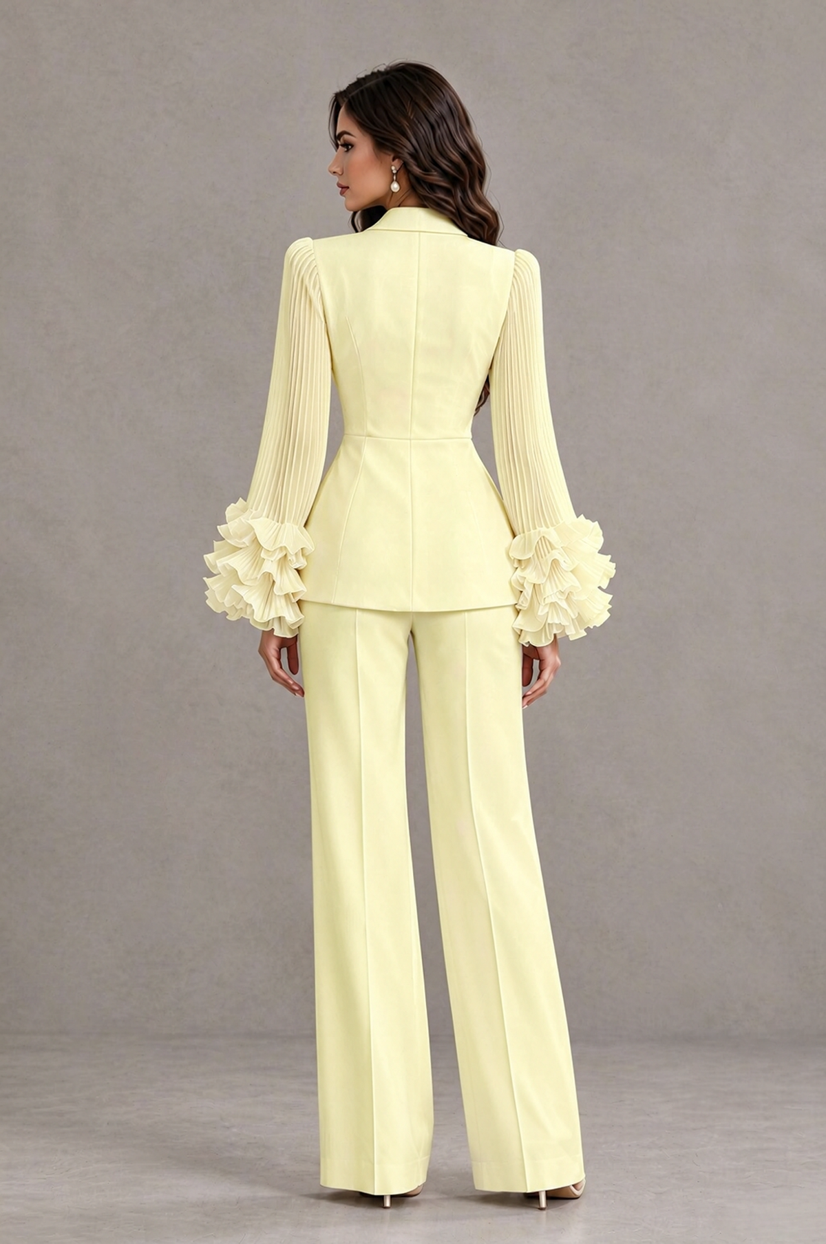 BOLODOO Light Yellow Mother of the Bride Pant Suit – Pleated Long Sleeve Ruffle Cuff Wide Leg Trouser Suit - Light Yellow - Light Yellow_02