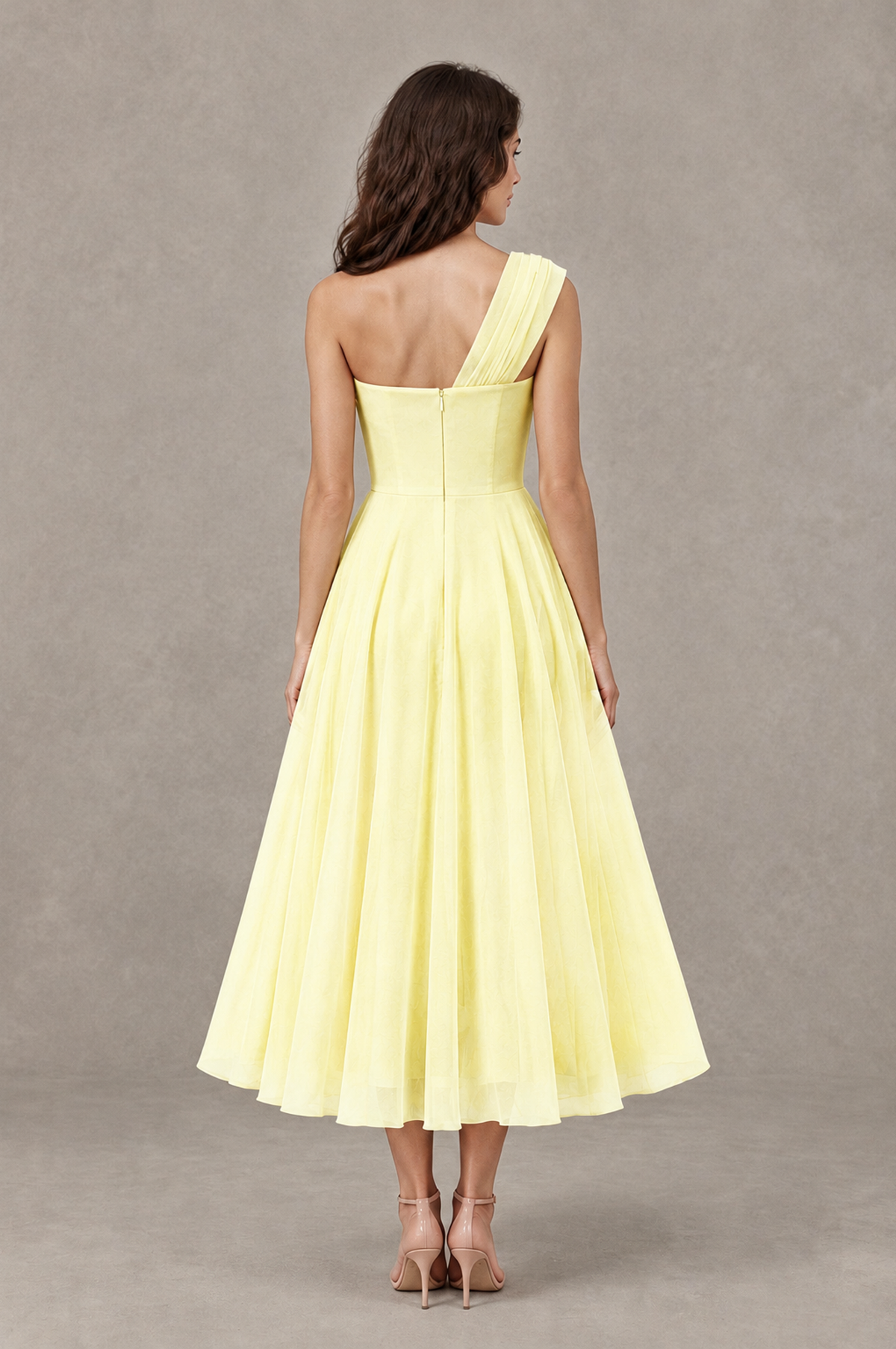 BOLODOO Light Yellow One-Shoulder Floral Tulle Tea-Length Dress - Light Yellow - Light Yellow_02