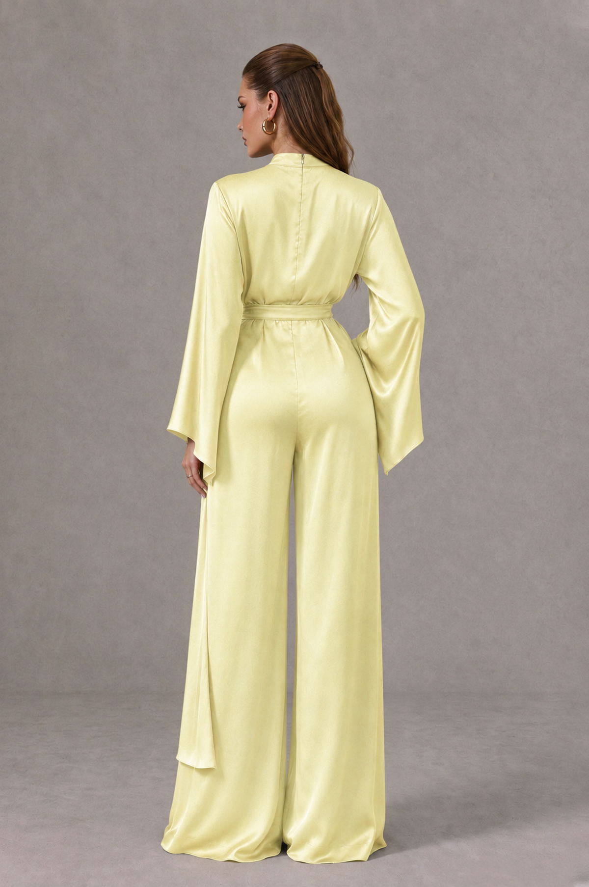 BOLODOO Light Yellow Satin-Look Long Sleeve Wide-Leg Jumpsuit - Light Yellow - Light Yellow_02