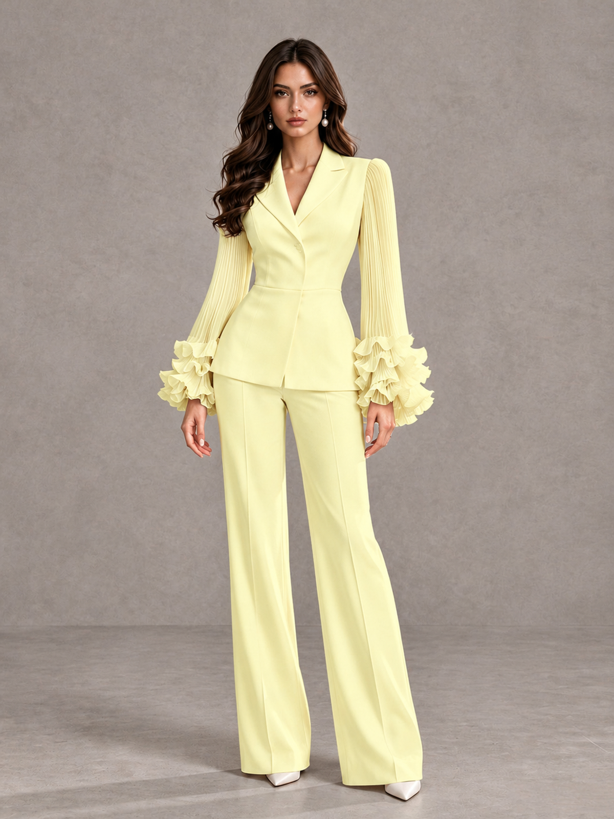 BOLODOO Light Yellow Mother of the Bride Pant Suit – Pleated Long Sleeve Ruffle Cuff Wide Leg Trouser Suit - Light Yellow - Light Yellow_03
