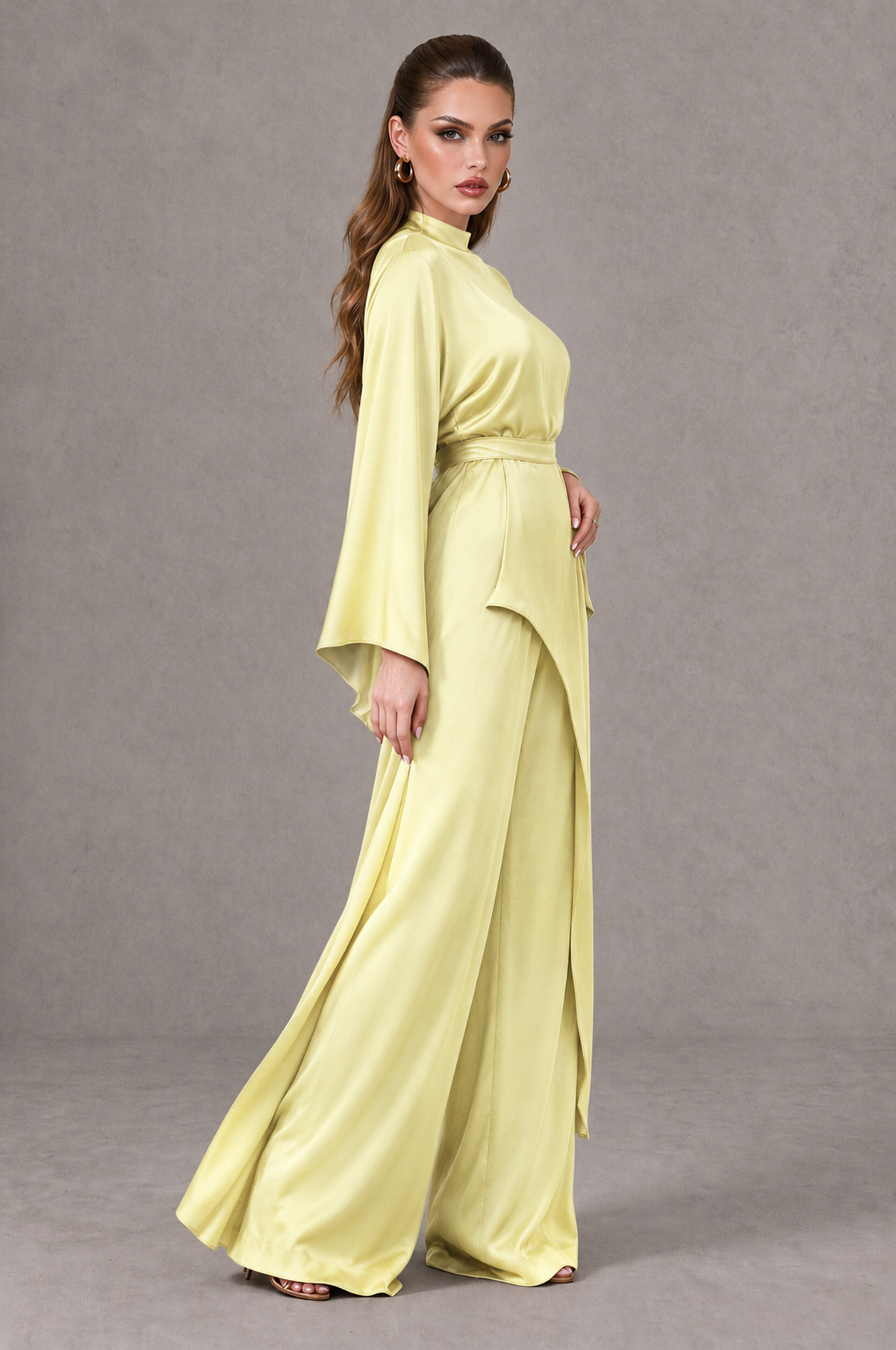 BOLODOO Light Yellow Satin-Look Long Sleeve Wide-Leg Jumpsuit - Light Yellow - Light Yellow_03