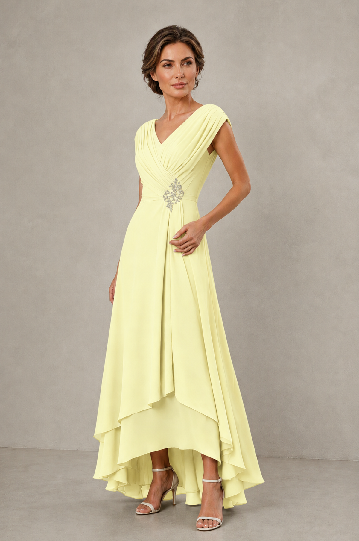 BOLODOO Light Yellow V-Neck High-Low Mother of the Bride Dress - Light Yellow - Light Yellow_03