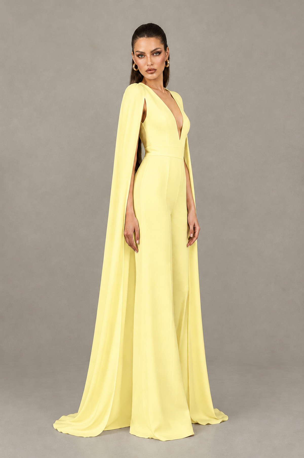 BOLODOO Light Yellow Deep V-Neck Cape Sleeve Bridal Jumpsuit - Light Yellow - Light Yellow_03