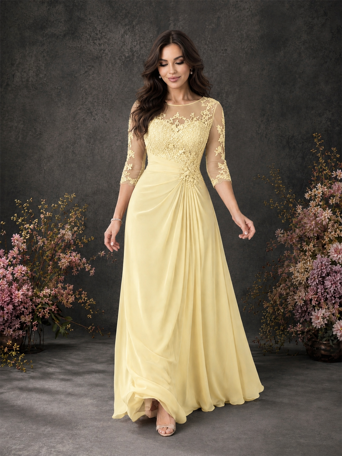 BOLODOO Light Yellow Chiffon Lace Illusion Neckline 3/4 Sleeve Floor Length Formal Gown - Light Yellow - Light Yellow_03