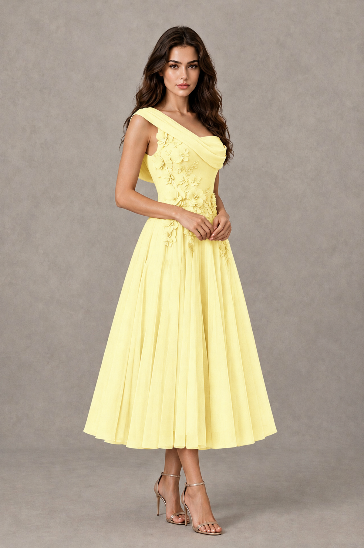 BOLODOO Light Yellow One-Shoulder Floral Tulle Tea-Length Dress - Light Yellow - Light Yellow_03