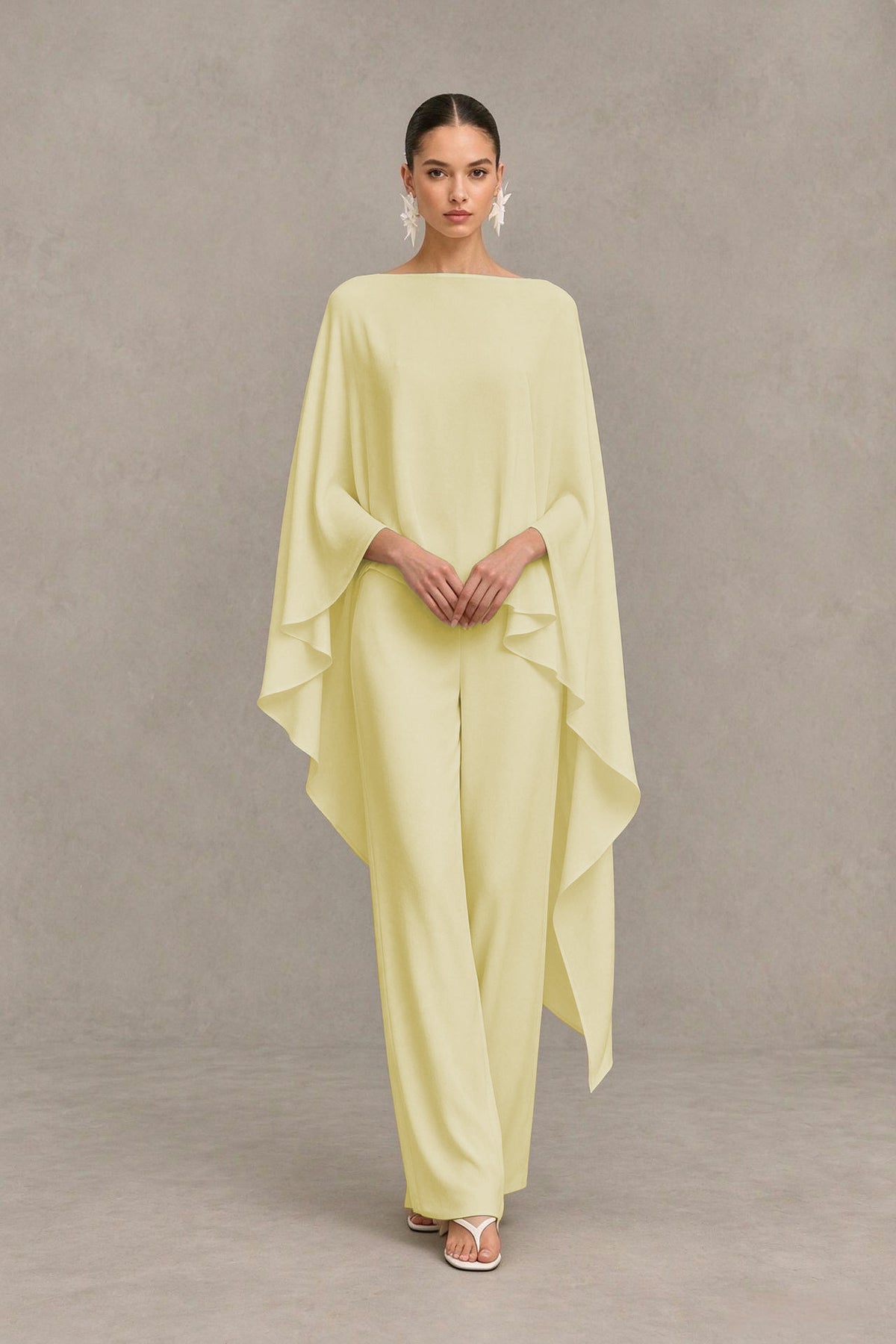 BOLODOO Light Yellow Cape Sleeve Wide-Leg Formal Pantsuit - Light Yellow - Light Yellow_04