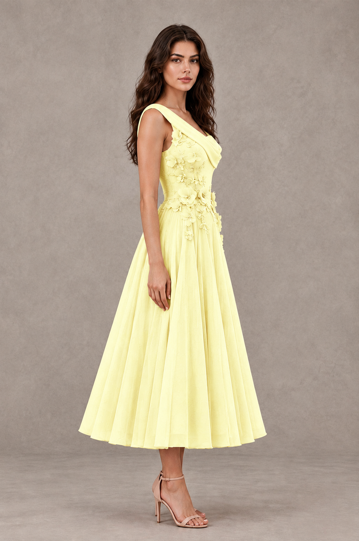 BOLODOO Light Yellow One-Shoulder Floral Tulle Tea-Length Dress - Light Yellow - Light Yellow_04