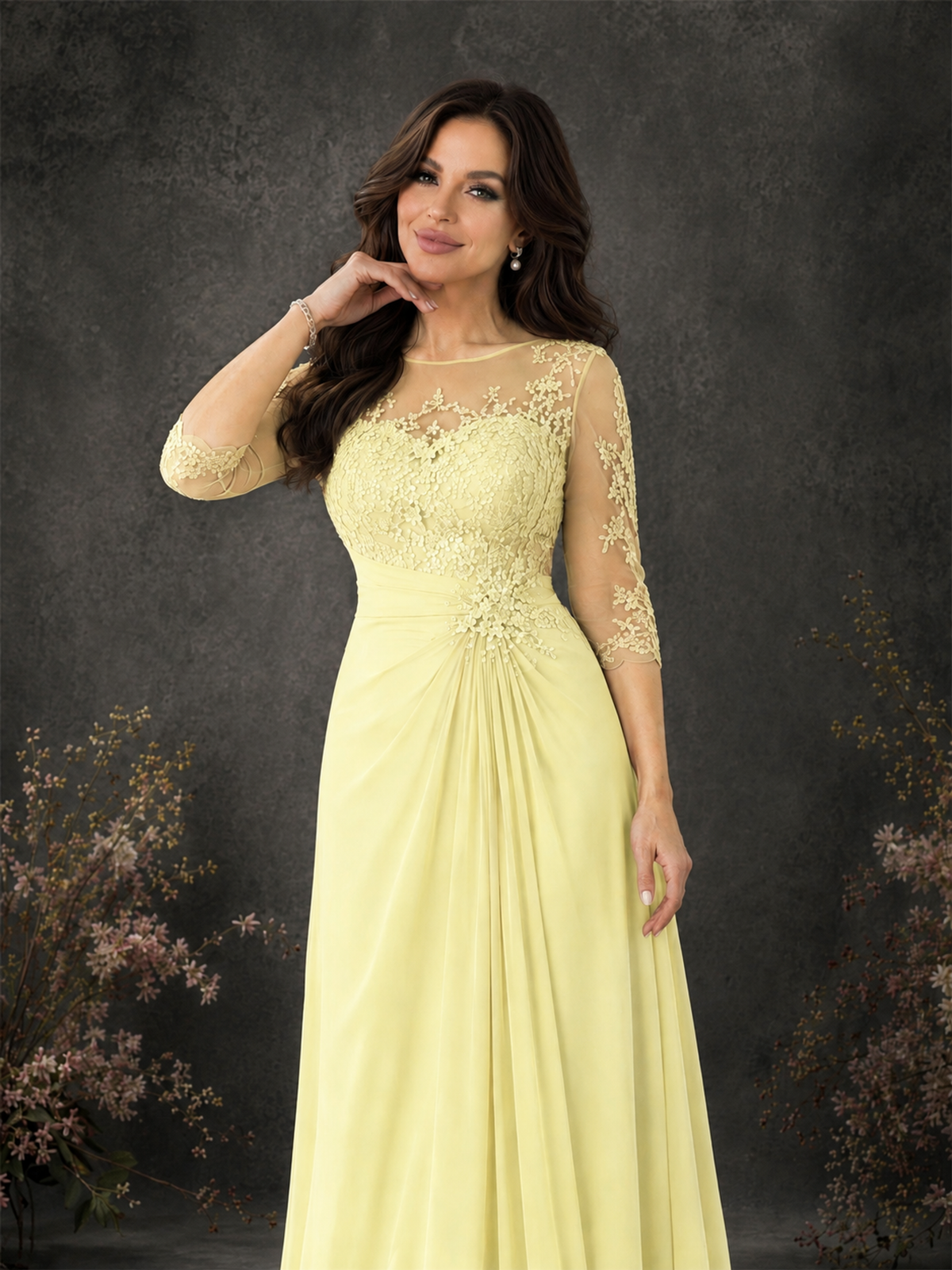 BOLODOO Light Yellow Chiffon Lace Illusion Neckline 3/4 Sleeve Floor Length Formal Gown - Light Yellow - Light Yellow_04