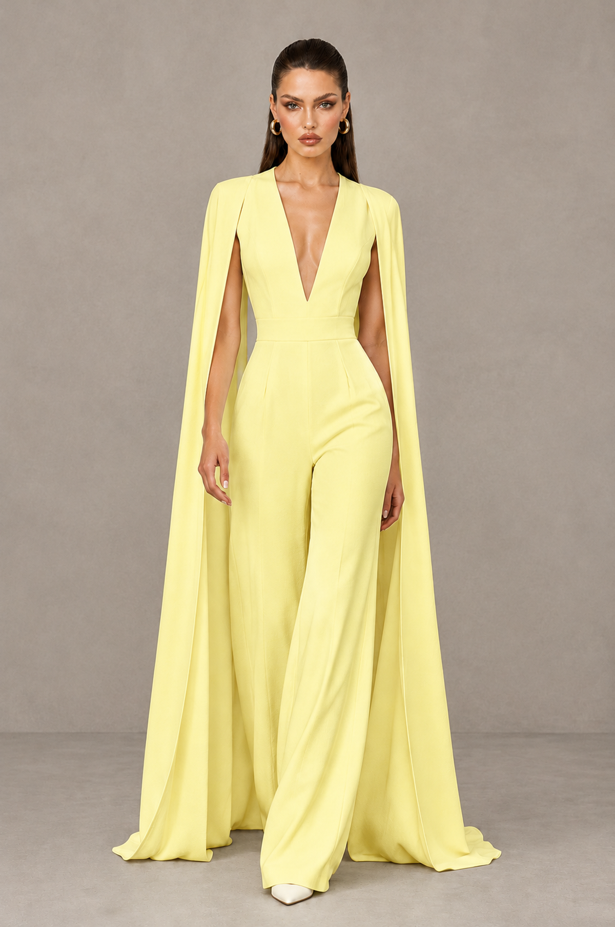 BOLODOO Light Yellow Deep V-Neck Cape Sleeve Bridal Jumpsuit - Light Yellow - Light Yellow_04