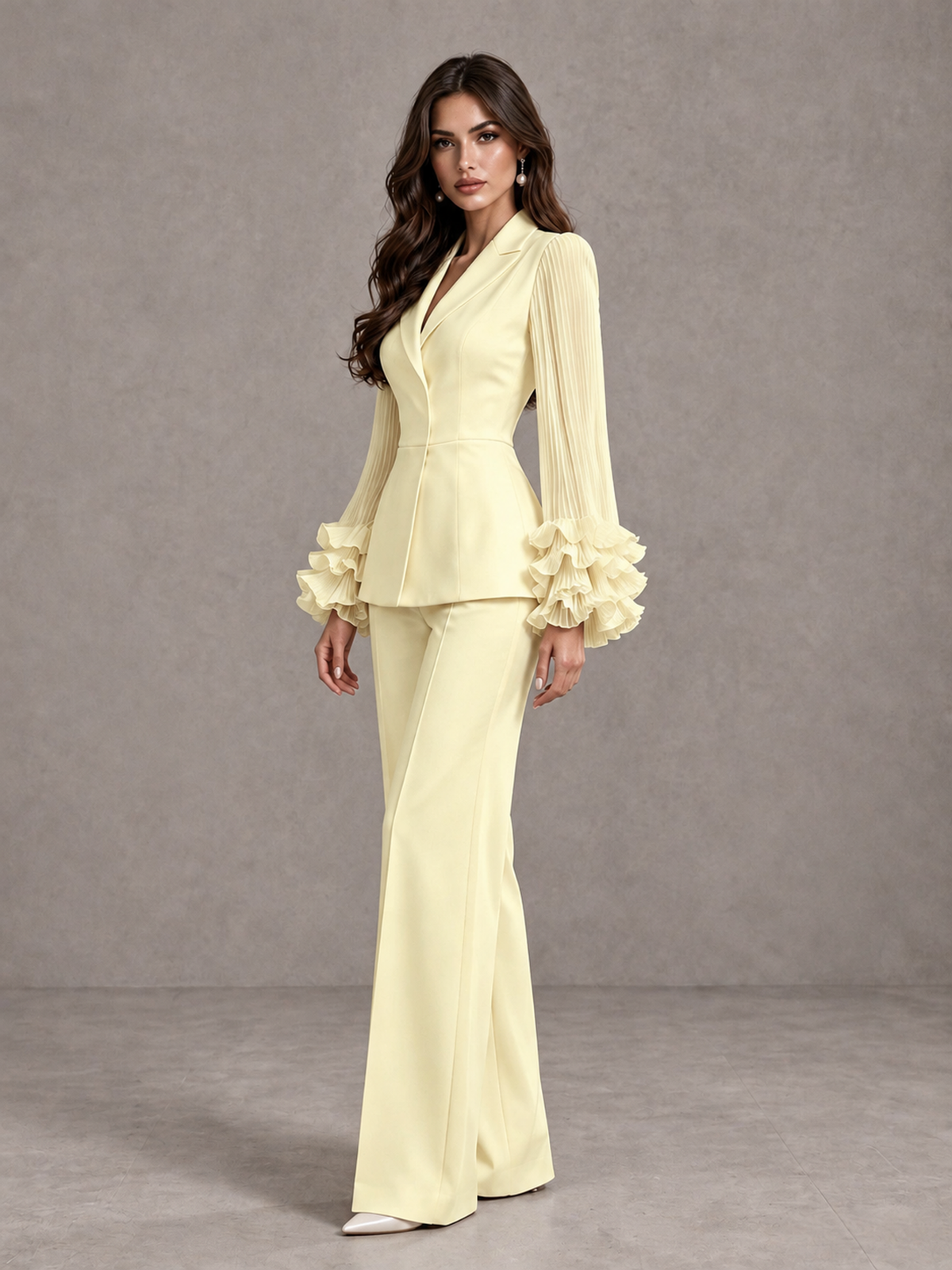 BOLODOO Light Yellow Mother of the Bride Pant Suit – Pleated Long Sleeve Ruffle Cuff Wide Leg Trouser Suit - Light Yellow - Light Yellow_04