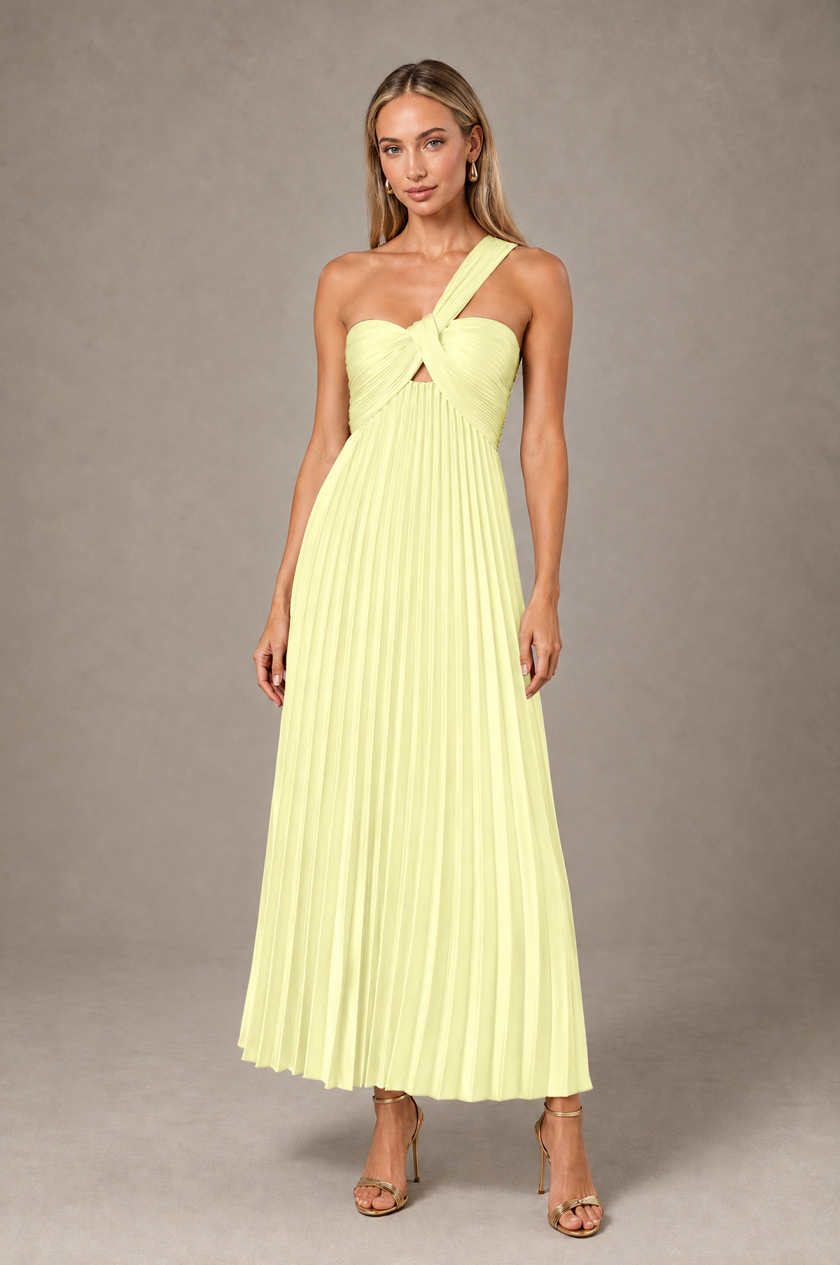 BOLODOO Light Yellow One-Shoulder Twist Knot Pleated Satin Midi Dress with Cutout - Light Yellow - Light_Yellow_1
