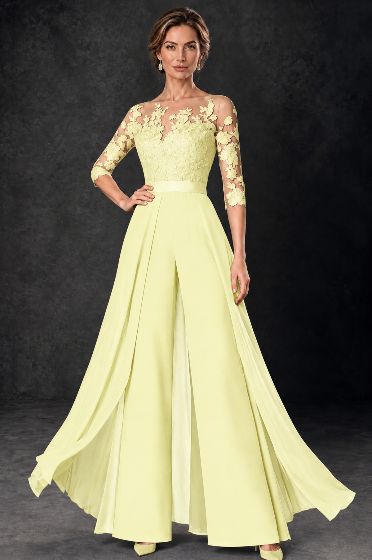 BOLODOO Light Yellow Lace Wide-Leg Jumpsuit with Three-Quarter Sleeves - Light Yellow - Light_Yellow_1