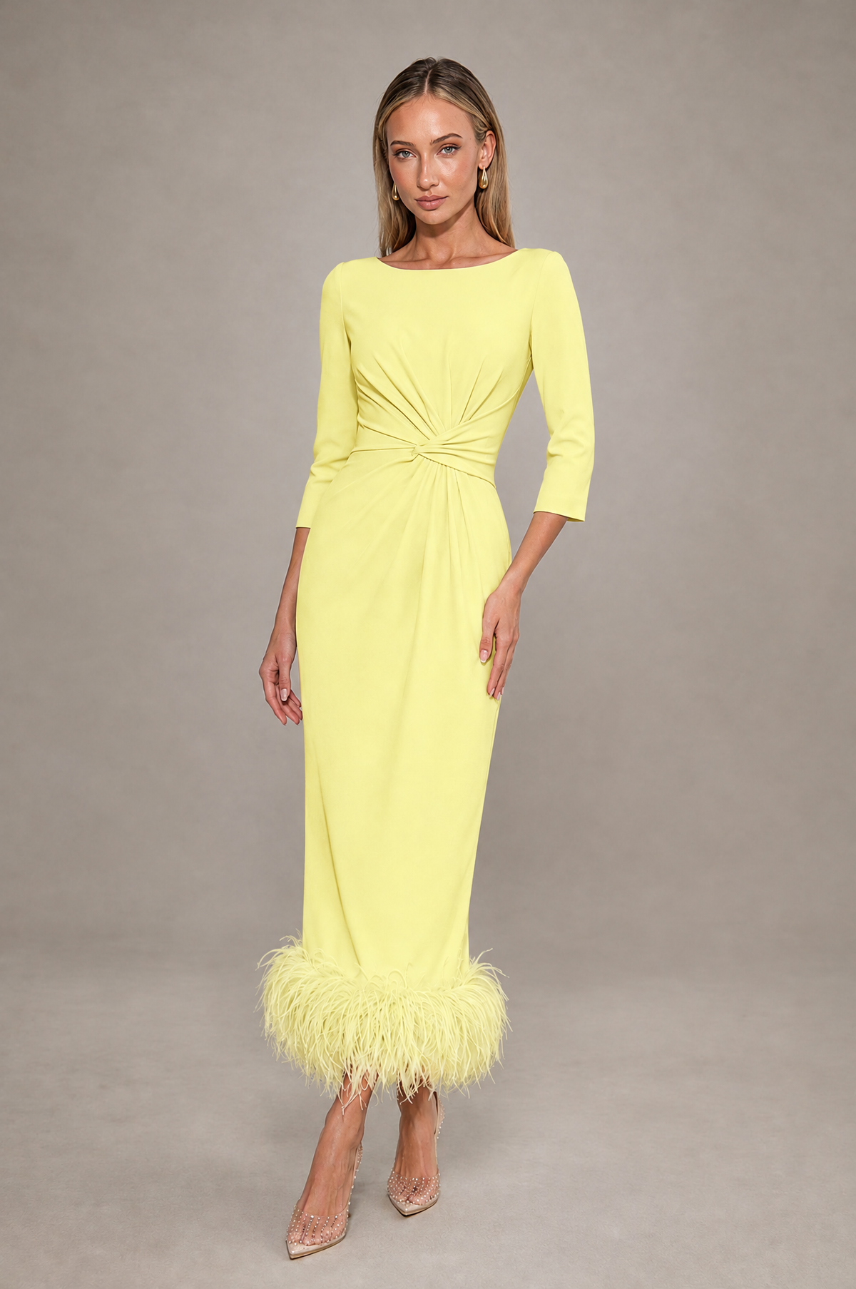 BOLODOO Light Yellow Feather-Trim Twist-Waist Midi Dress - Light Yellow - Light_Yellow_1