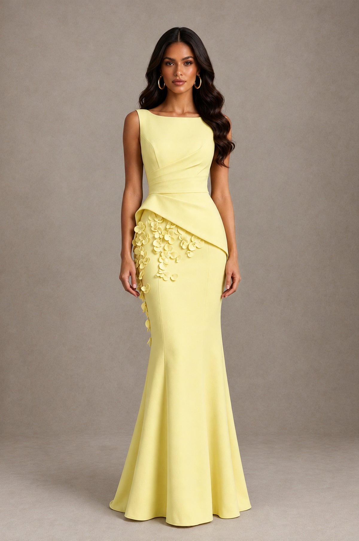 BOLODOO Light Yellow Bateau Neck Sleeveless Asymmetric Peplum 3D Petal Appliqué Mermaid Gown BD0421 - Light Yellow - Light Yellow_1