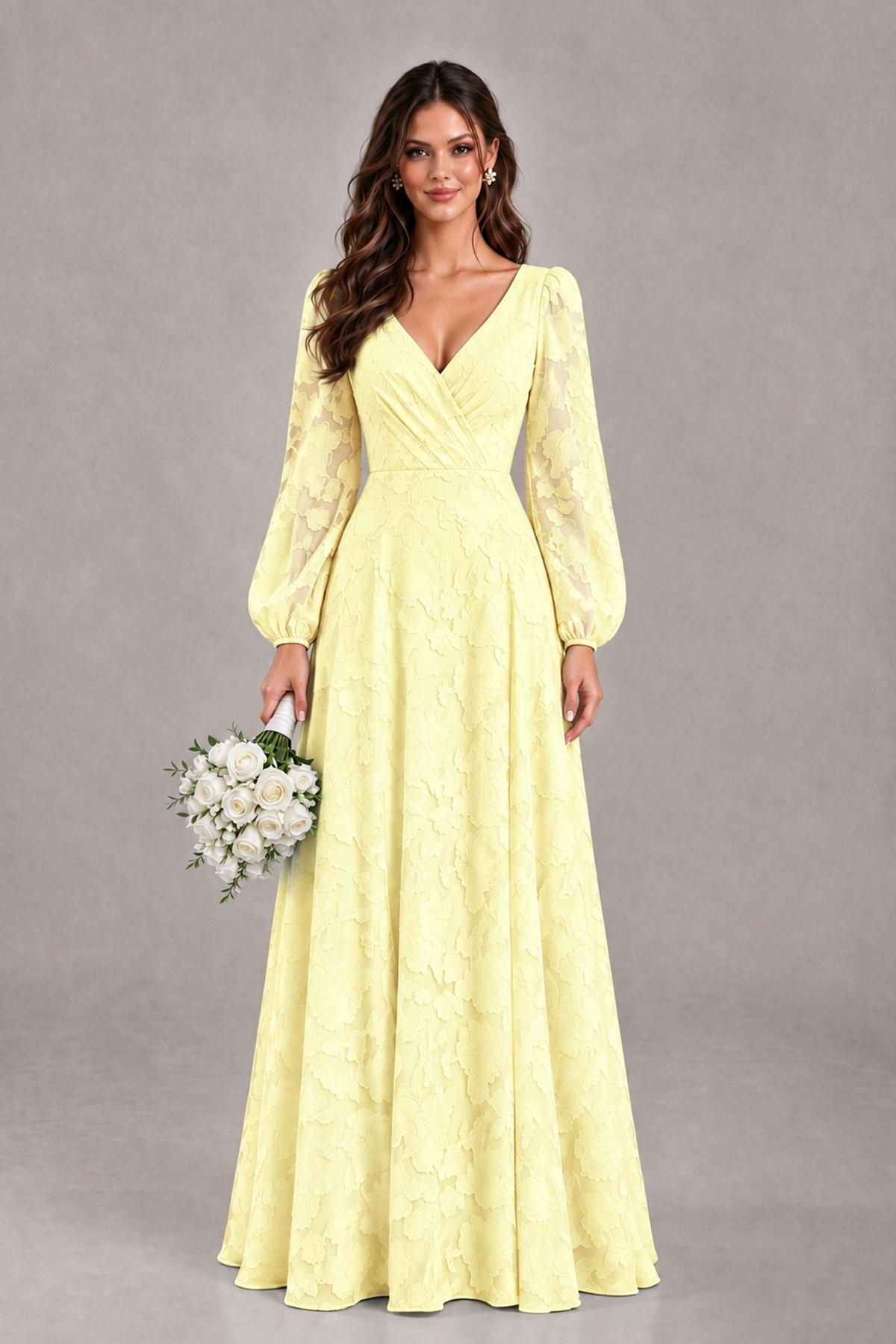 BOLODOO Light Yellow Long Sleeve V-Neck A-Line Mother of the Bride Dress - Light Yellow - Light Yellow_1