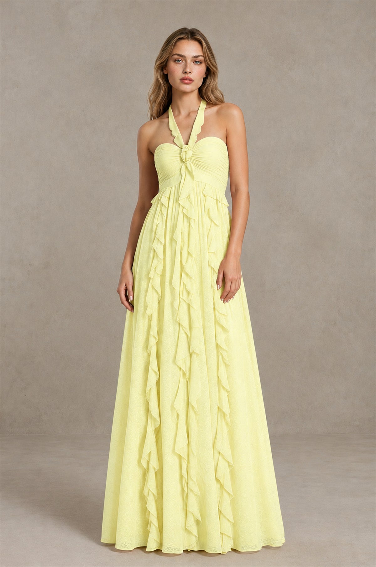 BOLODOO Light Yellow Halter Ruffle A-Line Floor-Length Evening Dress - Light Yellow - Light_Yellow_1