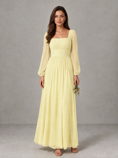 BOLODOO Light Yellow Square Neck Long Sleeve Chiffon Bridesmaid Dress - Light Yellow - Light Yellow_1