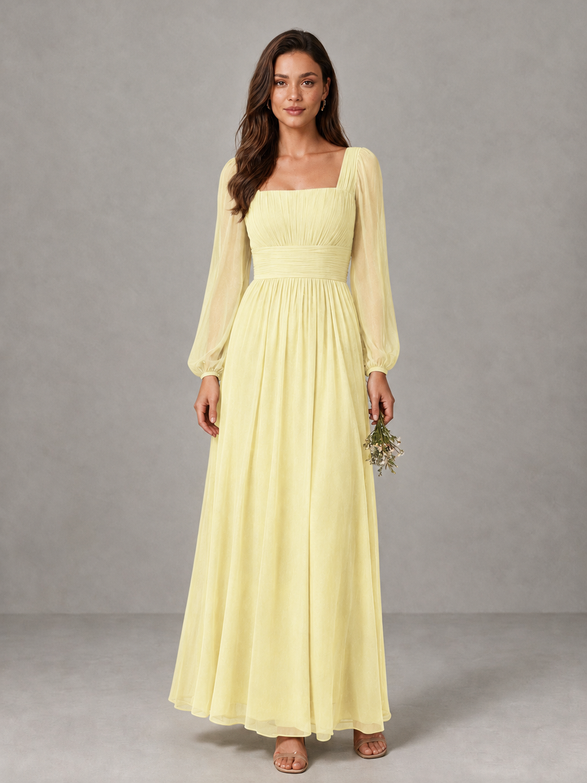 BOLODOO Light Yellow Square Neck Long Sleeve Chiffon Bridesmaid Dress - Light Yellow - Light Yellow_1