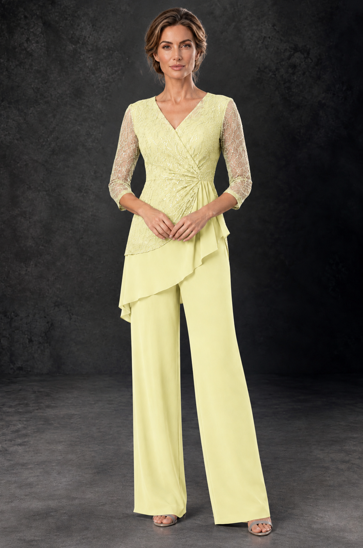 BOLODOO Light Yellow Sequin Lace 3/4 Sleeve Chiffon Mother of the Bride Pant Suit - Light Yellow - Light_Yellow_1