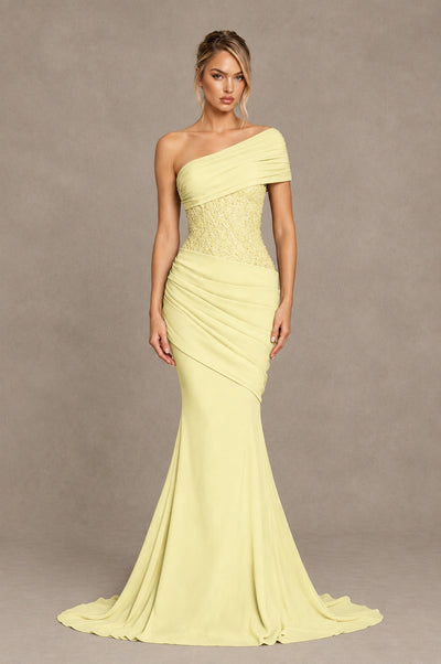 BOLODOO Light Yellow One-Shoulder Sequin Embroidered Ruched Mermaid Gown with Train - Light Yellow - Light Yellow_1