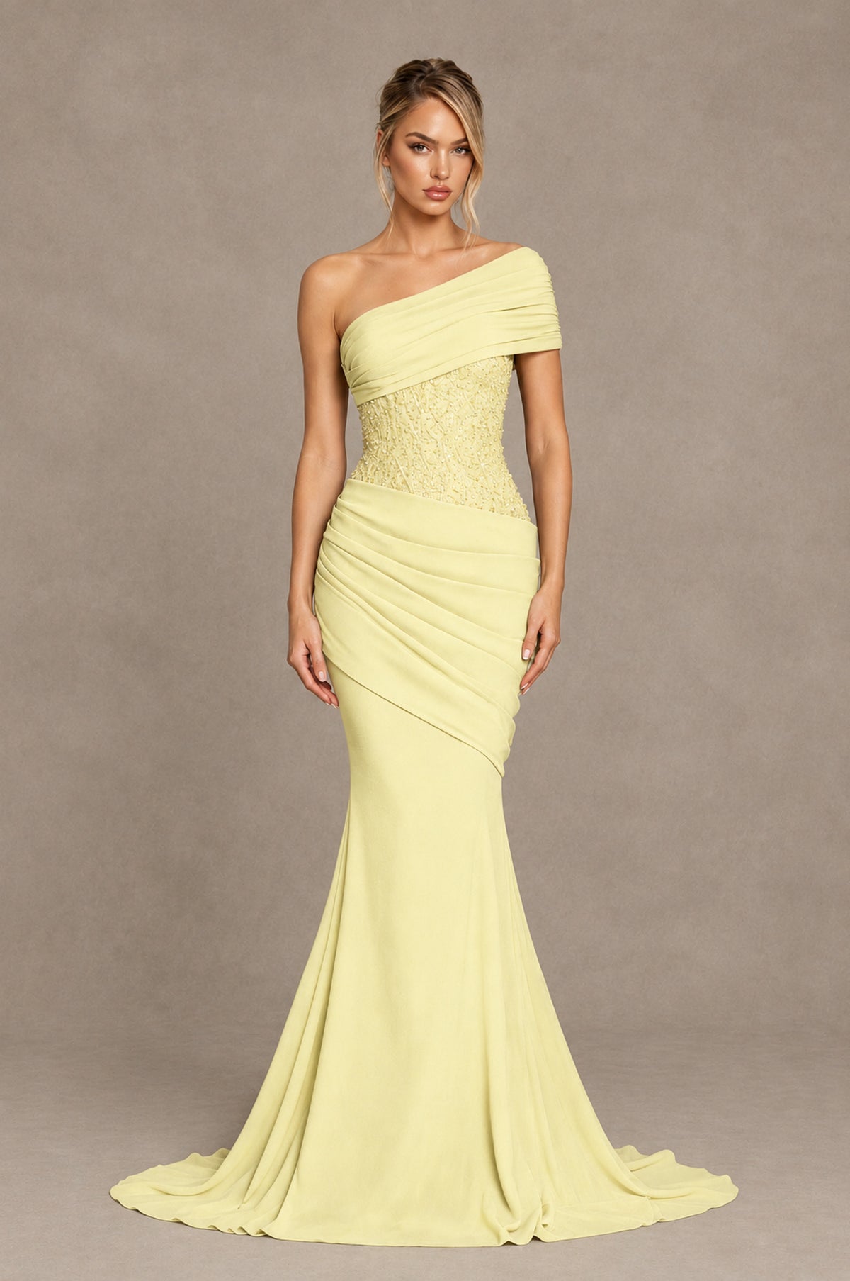 BOLODOO Light Yellow One-Shoulder Sequin Embroidered Ruched Mermaid Gown with Train - Light Yellow - Light Yellow_1