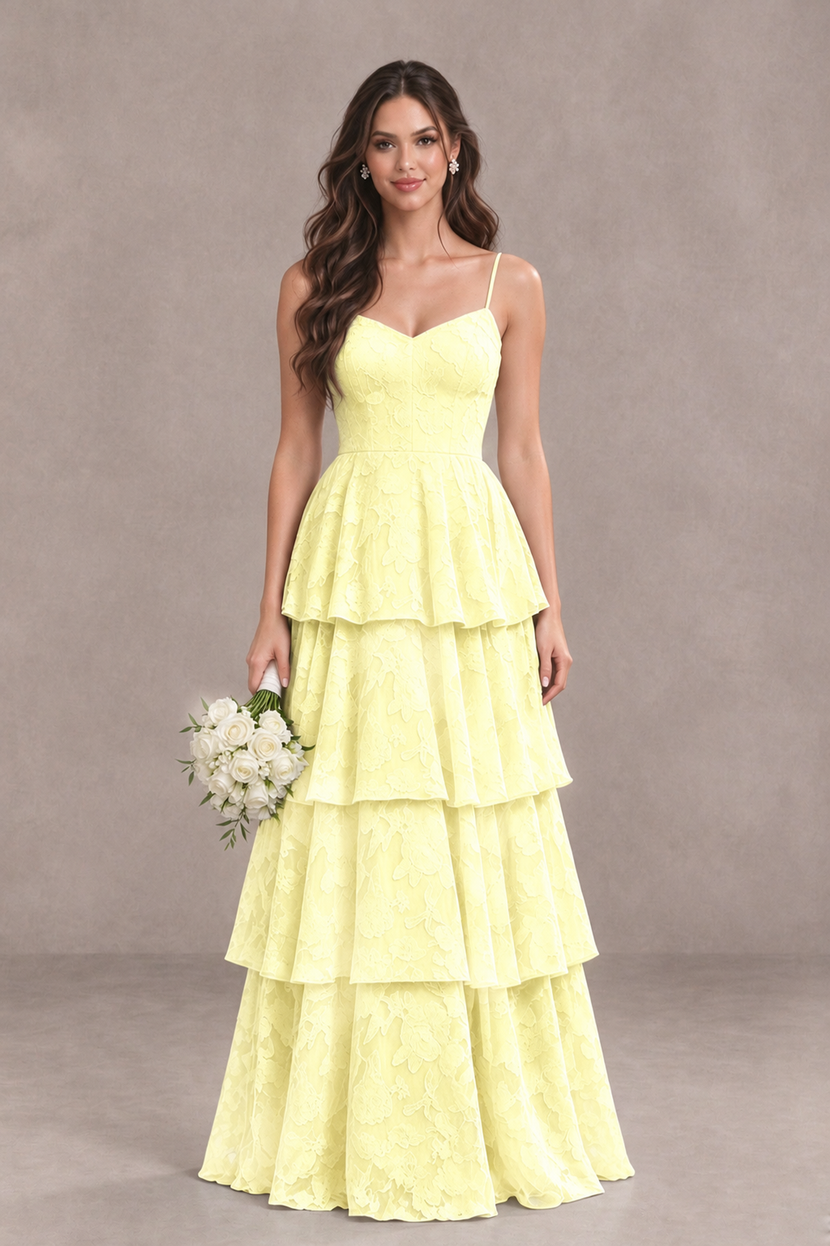 BOLODOO Light Yellow Tiered Floral-Textured Spaghetti Strap Maxi Dress - Light Yellow - Light Yellow_1