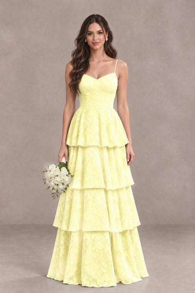 BOLODOO Light Yellow Tiered Floral-Textured Spaghetti Strap Maxi Dress - Light Yellow - Light Yellow_1