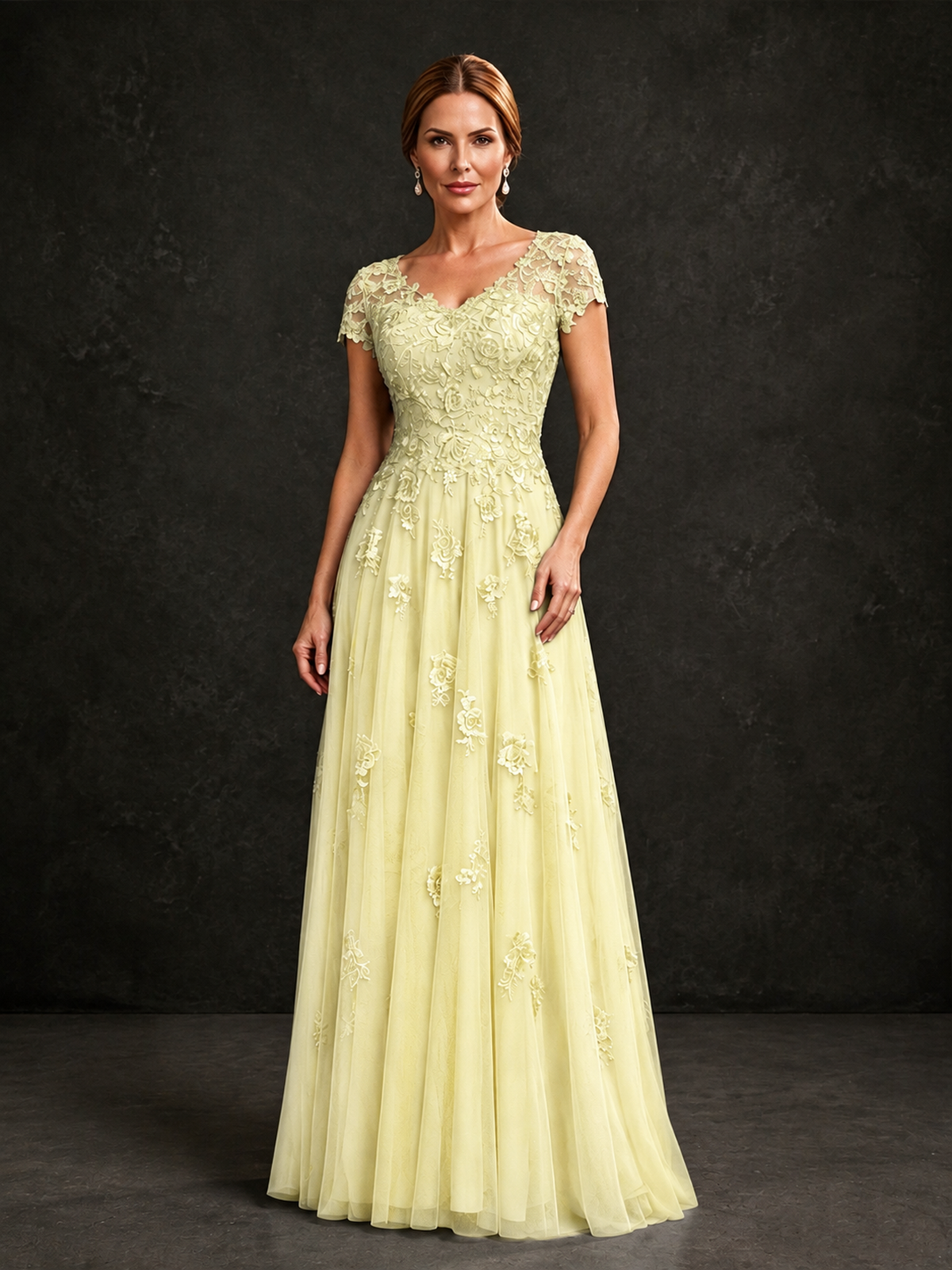 BOLODOO Light Yellow Cap Sleeve Lace Appliqué A-Line Formal Gown | Mother of the Bride Dress - Light Yellow - Light Yellow_1