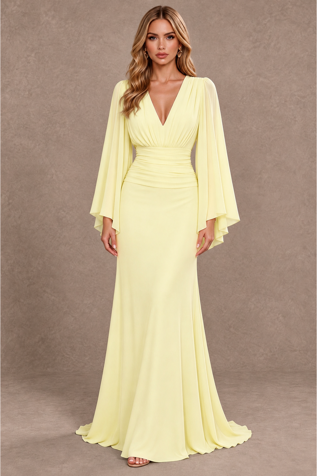 BOLODOO Light Yellow Cape Sleeve V-Neck Ruched Chiffon Evening Dress - Light Yellow - Light_Yellow_1