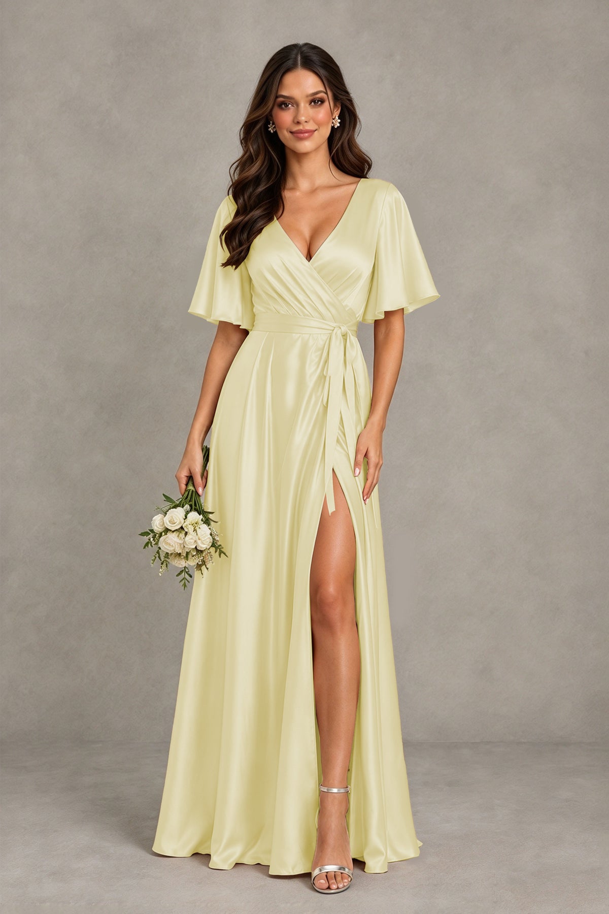 BOLODOO Light Yellow Satin V-Neck Flutter Sleeve Bridesmaid Dress with Slit - Light Yellow - Light Yellow(1)