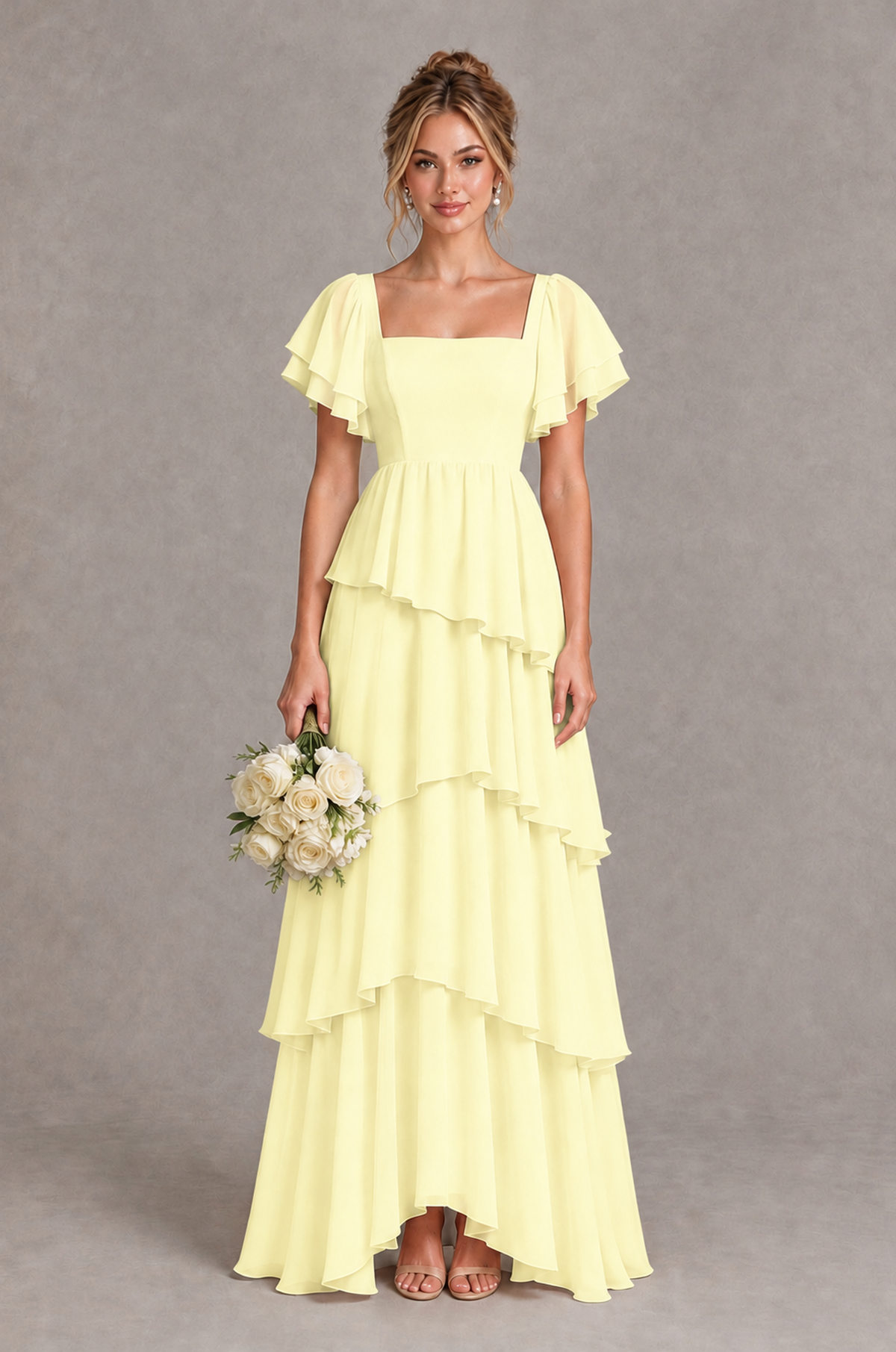 BOLODOO Light Yellow Square Neck Flutter Sleeve Tiered Chiffon Bridesmaid Dress with Lace-Up Back - Light Yellow - Light Yellow_1