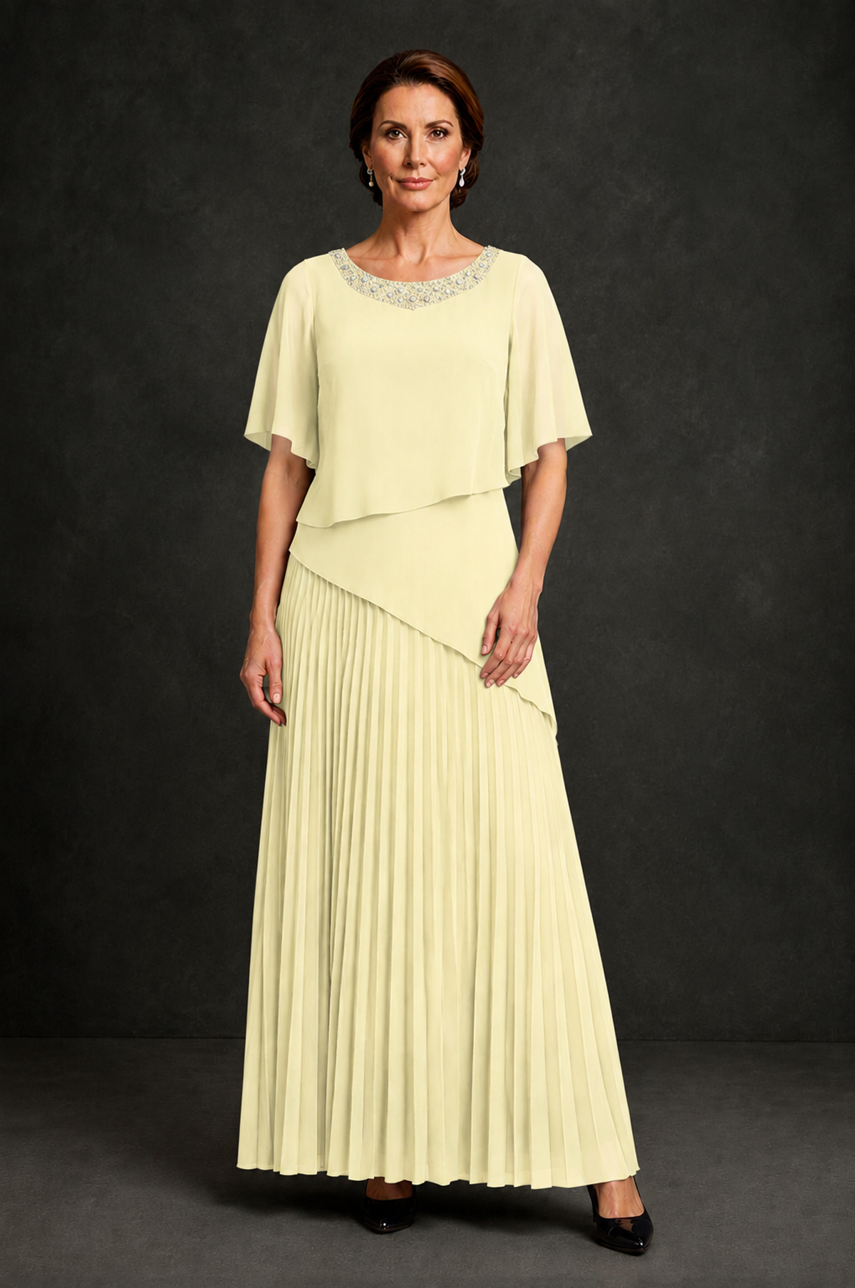 BOLODOO Light Yellow Pearl Beaded Neck Asymmetric Tiered Flutter Sleeve Pleated Chiffon Maxi Dress - Light Yellow - Light_Yellow_1